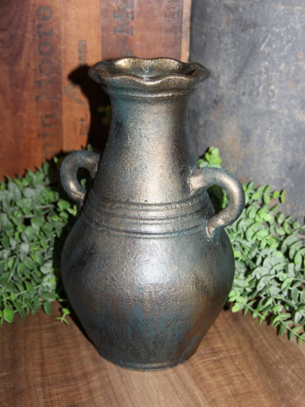 Large Dark Moody Teal Gold & Black Old World French Country Pottery Vessel Vase